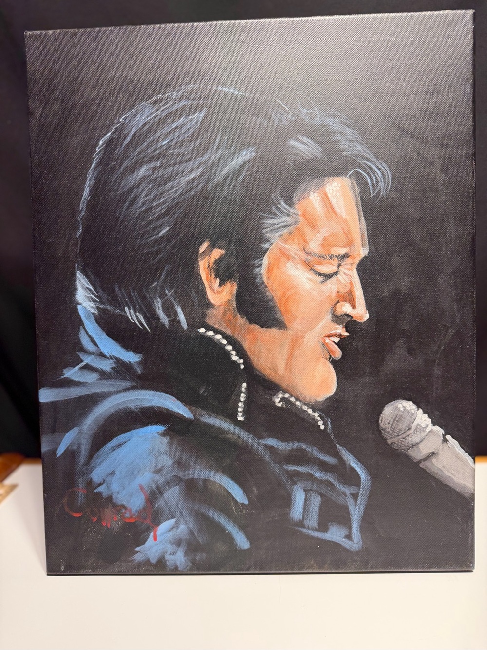 Hand-Painted Elvis Portrait Canvas in Black and Blue signed by Conrad